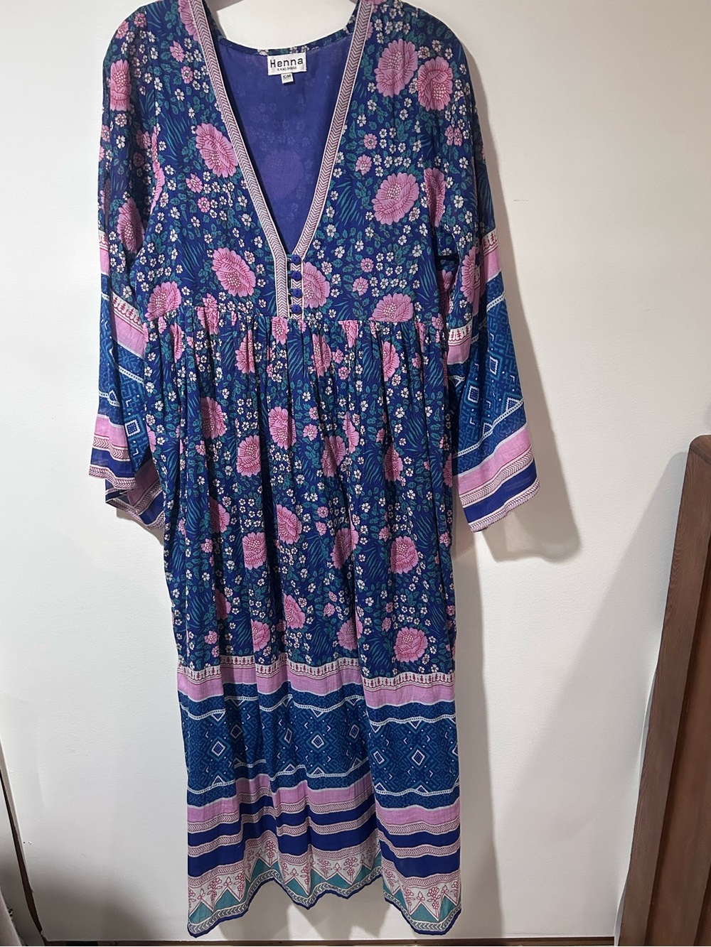 Henna Blue Floral Maxi Dress with Pink Accents